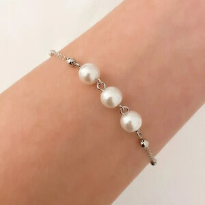925 Sterling Silver Dainty Pearl Bracelet Bead Bracelet Stackable Bracelet